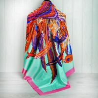 Green & Pink "Feather" Silk Scarf