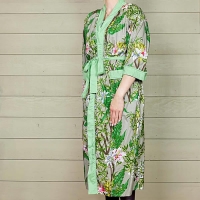 Stone Floral Cotton Dressing Gown with Green Trim